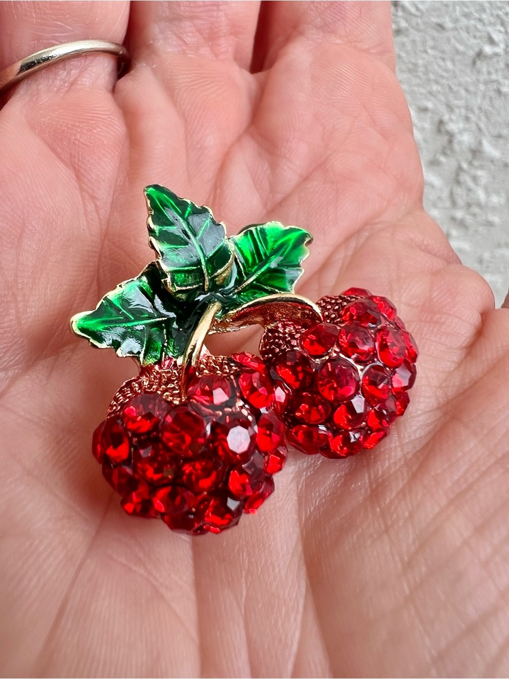 Rhinestone Cherry Brooch Sparkly Fruit Pin